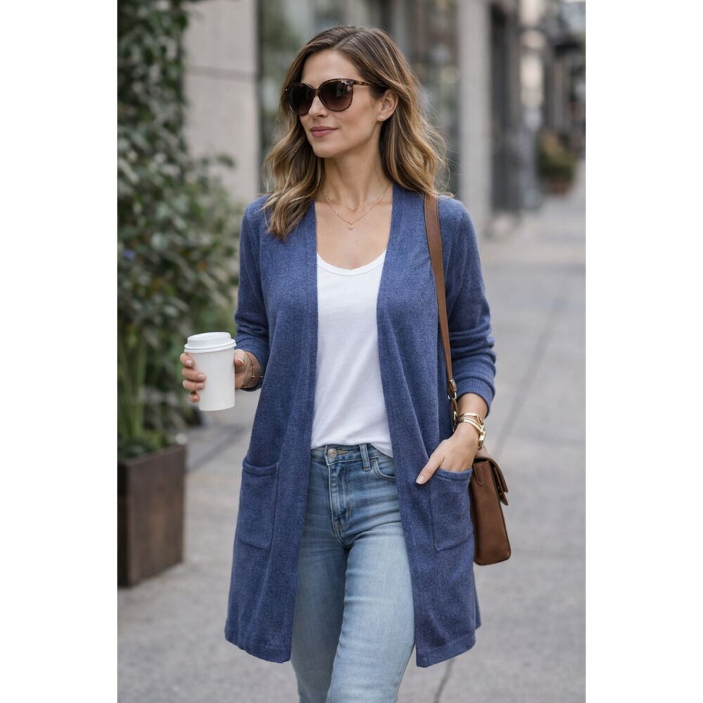 J Jill Womens Cardigan Petit Small Open Front Pockets Linen Blend Beachy Coastal